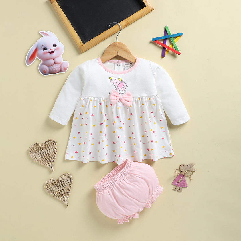 PEEKABOO 2213 GIRL'S FULL SLEEVE FROCK & BLOOMER OFF WHITE PACK OF 1
